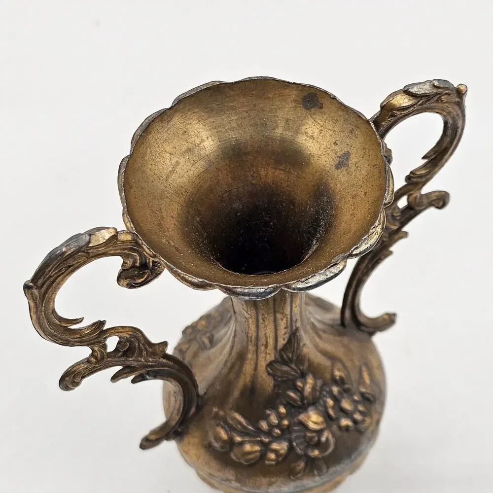 Vintage Italian Metal Bud Vase Gold Tone Ornate Floral Relief Scrolled Handles